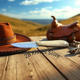 Hand-forged Frontier cowboy belt knife with walnut wood handle and rasp steel blade next to cowboy hat – Western hunting knife by ZB Knives Store