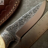 / HAND ENGRAVED / Hunting / Camping / Hand Made Custom / Bone Handle / J2 / Skinning Knife ZB Knives Store