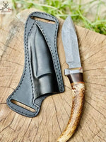 HAND FORGED Fixed Blade Damascus Steel Hunting Knife + Leather Sheath ZB Knives Store