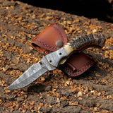 Mountain Majesty - Custom Handcrafted Damascus Steel Folding Pocket Knife with Sheep Horn Handle - ZB Knives Store