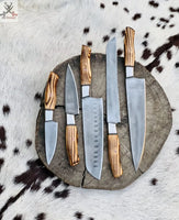 Handmade Acid Washed Stainless Steel Kitchen Knives Set with Leather Roll and Burly Wenge Wood Handles ZB Knives Store