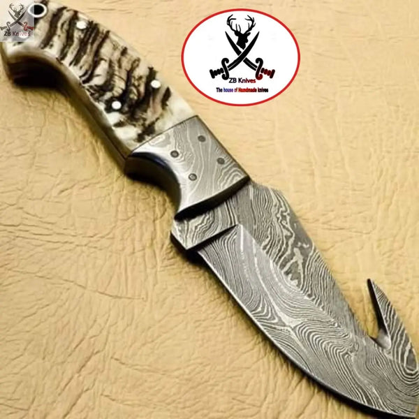 Handmade Damascus steel Gut 8" Inches HAND FORGED Full Tang Damascus Steel Gut Hook Skinning Knife+ Leather sheathhook knife ZB Knives Store