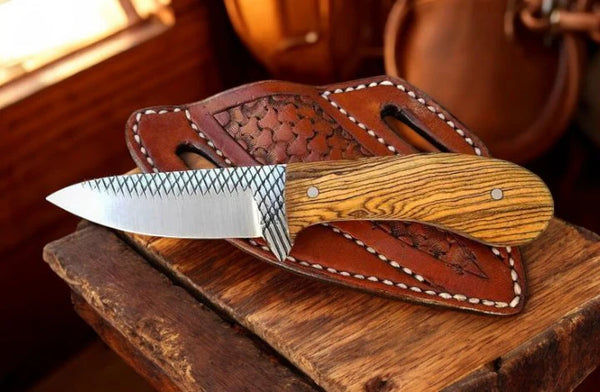 Handmade Cowboy Belt Knife and Western Sheath - Olivewood Handle