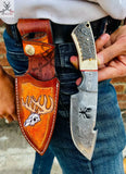 Damascus Steel Hook Blade Knife - Deer Antler Horn Handle with Leather Sheath for Hunters