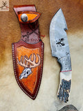 Damascus Steel Hook Blade Knife - Deer Antler Horn Handle with Leather Sheath for Hunters