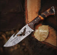 9" inches HAND FORGED Full Tang Feather Pattern Damascus Steel Gut Hook Hunting Knife + leather sheath