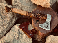 Viking Tomahawk for Sale - Engraved High Carbon Forged Steel Blade, Ash Wood Handle with rope Wrap, Leather Sheath