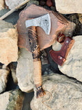 Viking Tomahawk for Sale - Engraved High Carbon Forged Steel Blade, Ash Wood Handle with rope Wrap, Leather Sheath