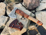 Viking Tomahawk for Sale - Engraved High Carbon Forged Steel Blade, Natural  Wood Handle with rope Wrap, Leather Sheath