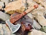 Viking Tomahawk for Sale - Engraved High Carbon Forged Steel Blade, Natural  Wood Handle with rope Wrap, Leather Sheath