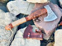 Viking Tomahawk for Sale - Engraved High Carbon Forged Steel Blade, Natural  Wood Handle with rope Wrap, Leather Sheath