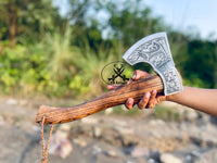 Viking Tomahawk for Sale - Engraved High Carbon Forged Steel Blade, Ash Wood Handle, Leather Sheath