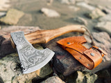 Viking Tomahawk for Sale - Engraved High Carbon Forged Steel Blade, Ash Wood Handle, Leather Sheath