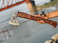 Viking Tomahawk for Sale - Engraved High Carbon Forged Steel Blade, Natural Wood Handle , Leather Sheath