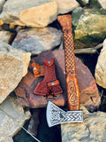 Viking Tomahawk for Sale - Engraved High Carbon Forged Steel Blade, Natural Wood Handle , Leather Sheath