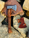 Viking Tomahawk for Sale - Engraved High Carbon Forged Steel Blade, Natural Wood Handle , Leather Sheath