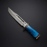 Rambo First Blood Knife - Custom Handmade Damascus Steel Bowie with Colored Bone Handle and Leather Sheath - ZB Knives Store