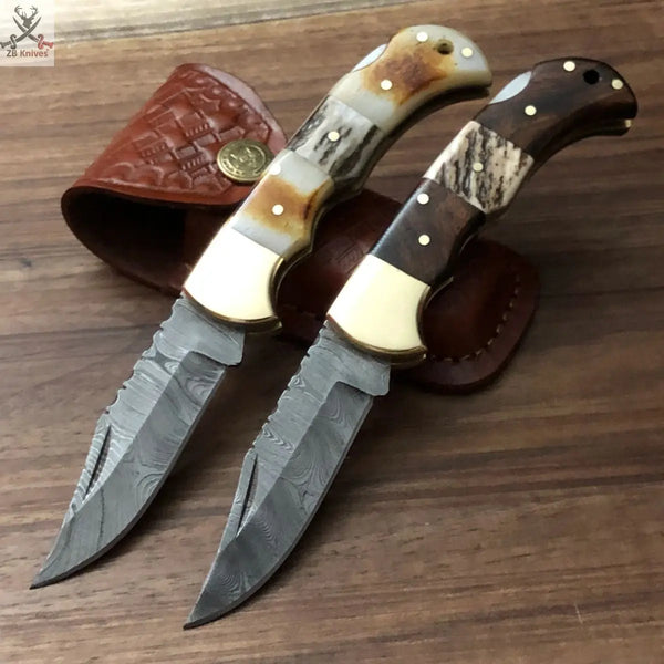 SET OF TWO DAMASCUS STEEL CUSTOM HANDMADE POCKET FOLDING KNIFE ZB Knives Store