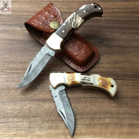 SET OF TWO DAMASCUS STEEL CUSTOM HANDMADE POCKET FOLDING KNIFE ZB Knives Store