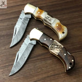 SET OF TWO DAMASCUS STEEL CUSTOM HANDMADE POCKET FOLDING KNIFE - ZB Knives Store