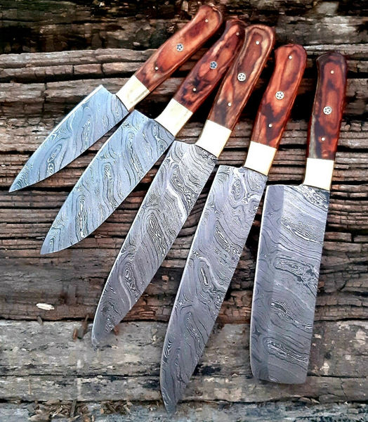 CUSTOM HANDMADE DAMASCUS 5 PCS CHEF SET WITH LEATHER ROLL KIT