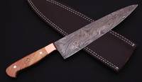 CUSTOM HANDMADE DAMASCUS STEEL CHEF KNIFE WITH LEATHER SHEATH