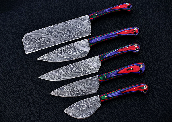 CUSTOM HANDMADE DAMASCUS 5 PCS CHEF SET WITH LEATHER ROLL KIT