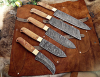 Custom Handmade Damascus Steel 5 Pcs Chef Set Handle Olive Wood With Leather Roll Kit