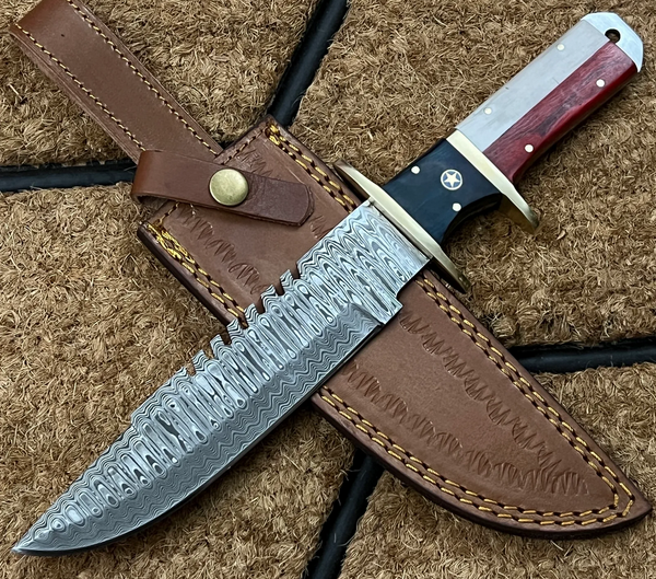 Damascus Steel Custom Handmade Texas Flag Hunting Bowie knife 12 inches