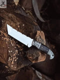 J2 Steel Tanto Blade Knife – Tactical Fixed Blade + Buffalo Horn Handle & Leather Sheath (9.5”) - ZB Knives Store