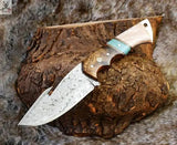 The Hunter's Edge: 8.25-Inch Gut Hook Skinning Hunting Knife with Raindrops Damascus Steel Blade, Rosewood and Epoxy Resin Handle ZB Knives Store