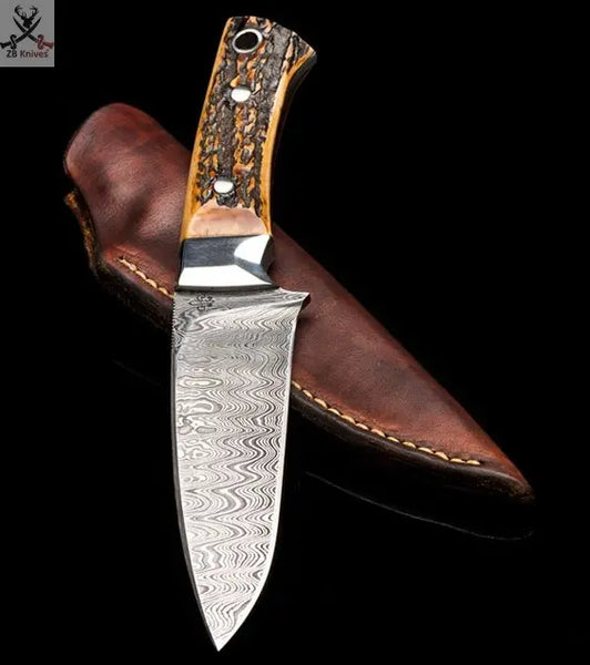 The Wilderness Elegance: Antler Horn and Steel Bolster Hunting Knife with Full Tang Damascus Steel Blade - 8.5 Inches ZB Knives Store