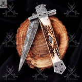 Premium Damascus Steel Switchblade Pocket Knife – Unique Patterns & Deer Horn Handle EDC