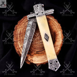 Unlock the power of Damascus steel with this stunning switch blade pocket knife
