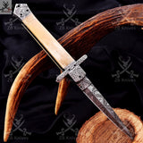 Unlock the power of Damascus steel with this stunning switch blade pocket knife