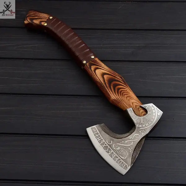 Viking Tomahawk for Sale - Engraved 1095 Forged Steel Blade, Ash Wood Handle with Leather Wrap, Leather Sheath ZB Knives Store