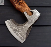 Viking Tomahawk for Sale - Engraved 1095 Forged Steel Blade, Ash Wood Handle with Leather Wrap, Leather Sheath ZB Knives Store