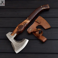 Viking Tomahawk for Sale - Engraved 1095 Forged Steel Blade, Ash Wood Handle with Leather Wrap, Leather Sheath ZB Knives Store