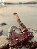 Viking Tomahawk for Sale - Engraved High Carbon Forged Steel Blade, Ash Wood Handle with rope Wrap, Leather Sheath ZB Knives Store