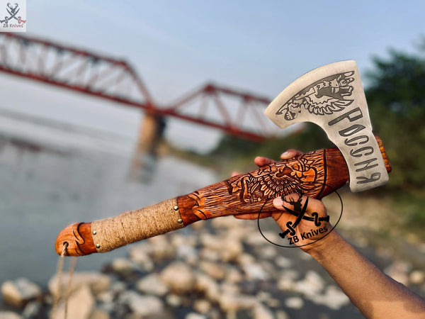 Viking Tomahawk for Sale - Engraved High Carbon Forged Steel Blade, Natural  Wood Handle with rope Wrap, Leather Sheath ZB Knives Store