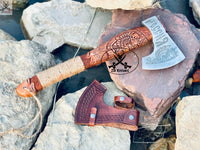 Viking Tomahawk for Sale - Engraved High Carbon Forged Steel Blade, Natural  Wood Handle with rope Wrap, Leather Sheath ZB Knives Store