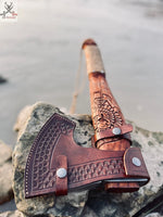 Viking Tomahawk for Sale - Engraved High Carbon Forged Steel Blade, Natural  Wood Handle with rope Wrap, Leather Sheath ZB Knives Store