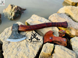 Viking Tomahawk for Sale - Engraved High Carbon Forged Steel Blade, Rose Wood Handle with Leather Wrap, Leather Sheath ZB Knives Store