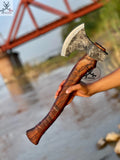 Viking Tomahawk for Sale - Engraved High Carbon Forged Steel Blade, Rose Wood Handle with Leather Wrap, Leather Sheath ZB Knives Store