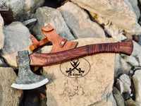 Viking Tomahawk for Sale - Engraved High Carbon Forged Steel Blade, Rose Wood Handle with Leather Wrap, Leather Sheath ZB Knives Store