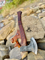 Viking Tomahawk for Sale - Engraved High Carbon Forged Steel Blade, Rose Wood Handle with Leather Wrap, Leather Sheath ZB Knives Store