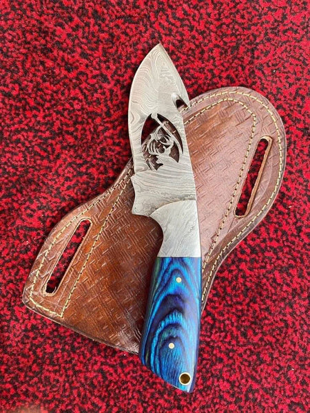 Gut Hook Hunting Skinning Knife - Wire cut Damascus Steel Blade, Pakka Wood Handle - 8.5 Inches