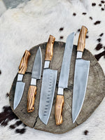 Handmade Acid Washed Stainless Steel Kitchen Knives Set with Leather Roll and Burly Wenge Wood Handles