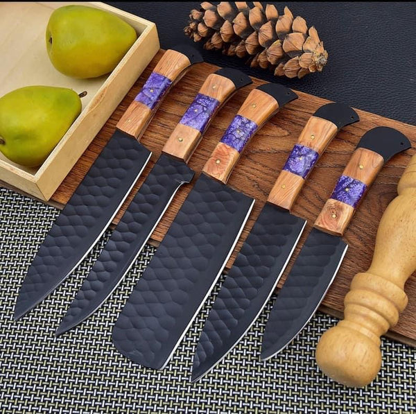 5 PCS HAND FORGED Full Tang 1095 high carbon steel powder coated Kitchen Set knives + leather case 💙💜💛