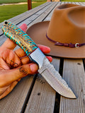 Handmade Damascus Steel Cowboy Knife  7.75" Full-Tang* with Pine Cone Handle & Pancake Leather Sheath
